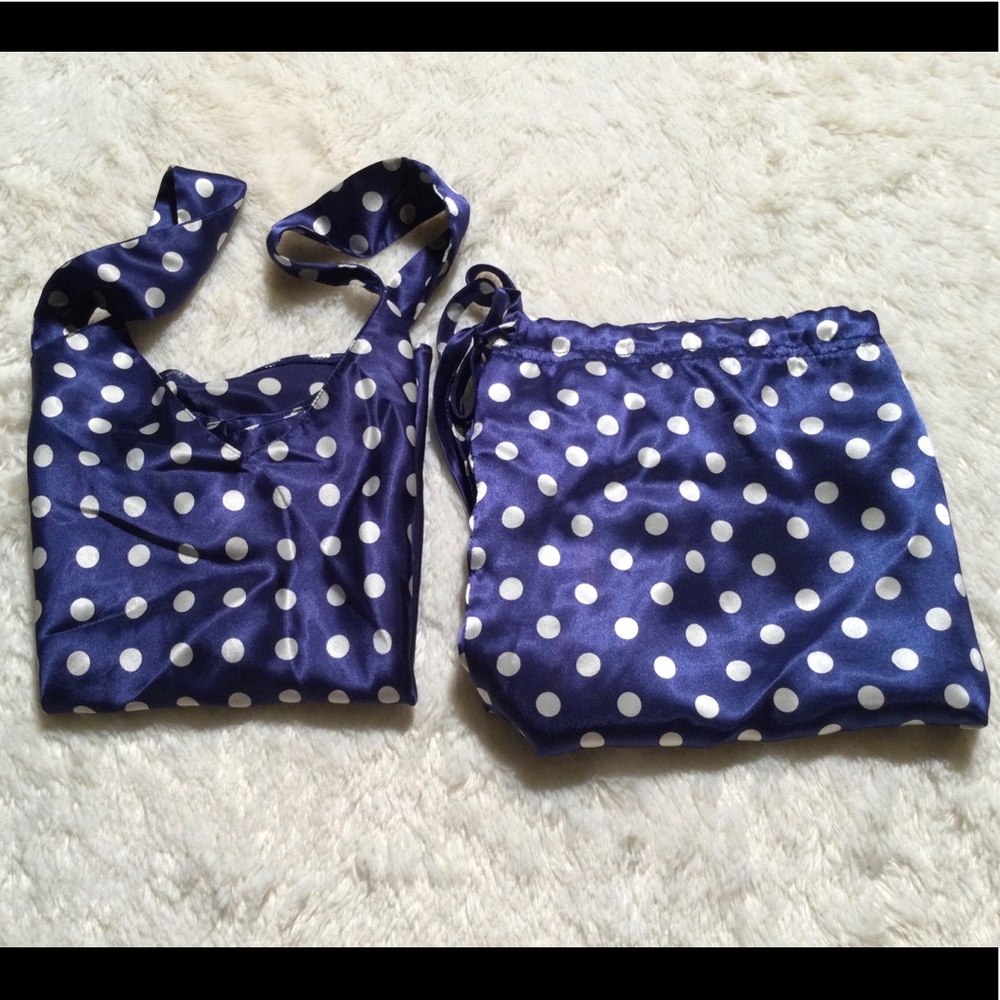 🌀2XHP!🌀VINTAGE | Satin Blue Silver Polka Dot PJs - Picture 12 of 12